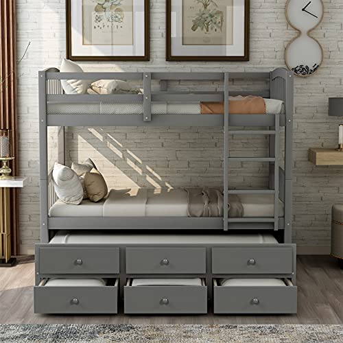 Twin Over Twin Solid Wood Bunk Bed with Storage Drawers and Trundle (Espresso) I26856