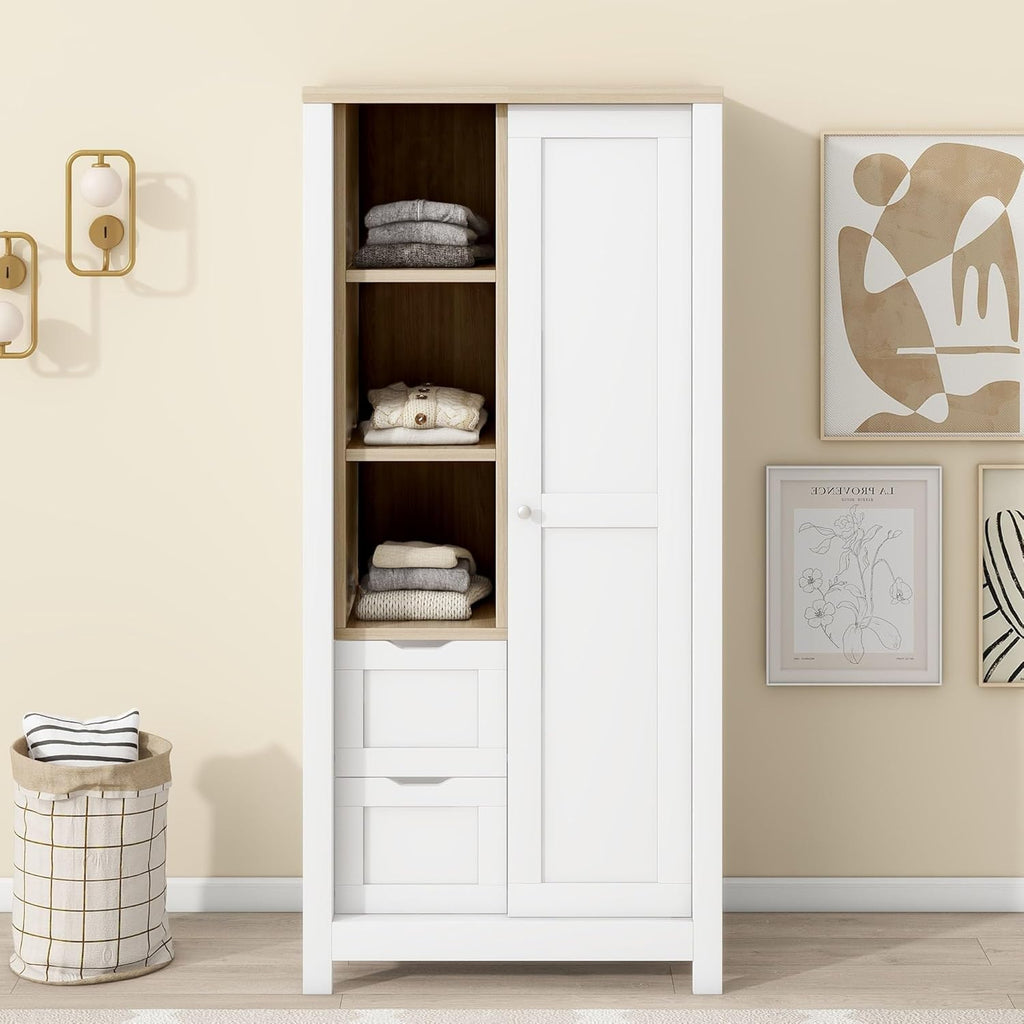 White Freestanding Wooden Wardrobe with 1 Sliding Door and 2 Drawers S1154