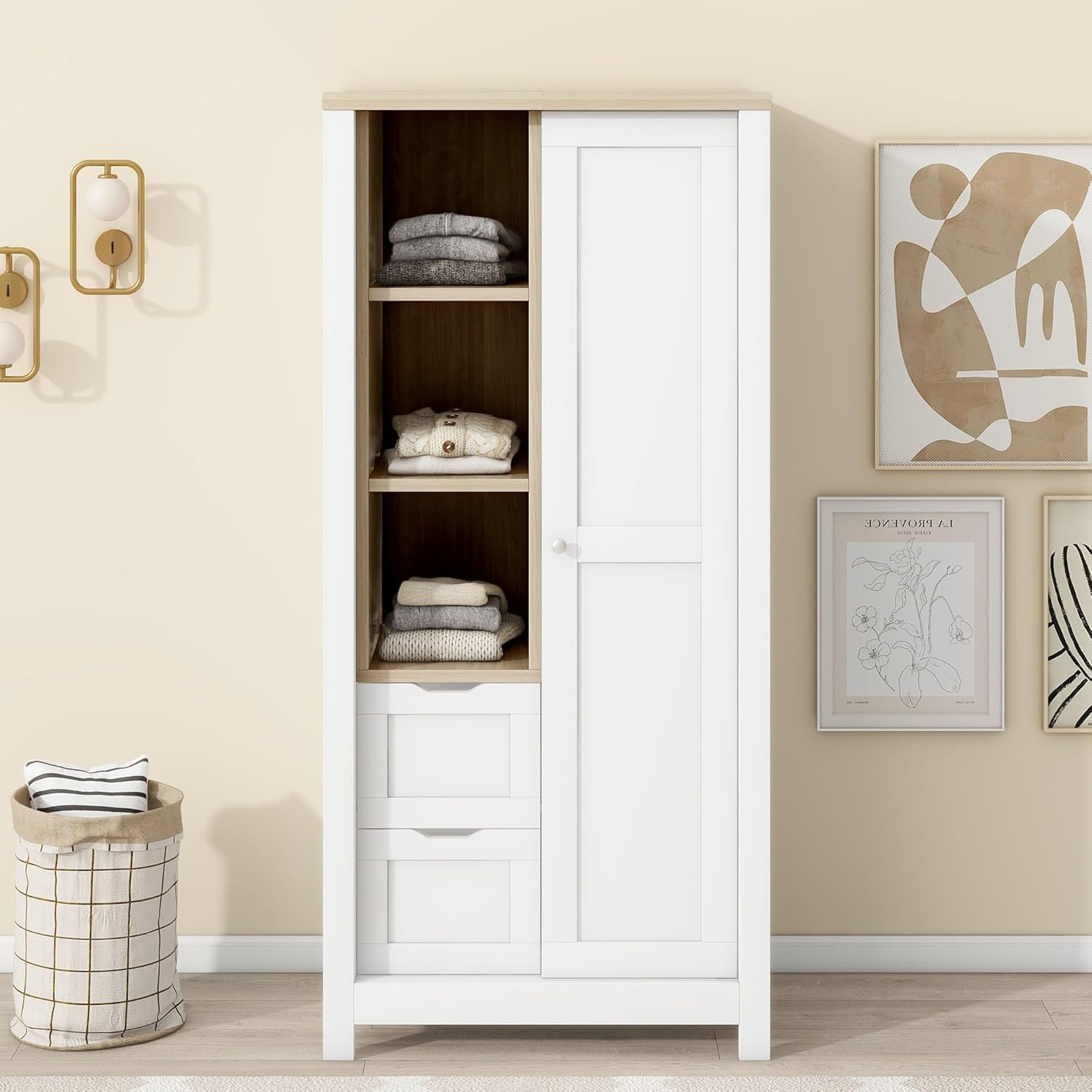 White Freestanding Wooden Wardrobe with 1 Sliding Door and 2 Drawers S1154