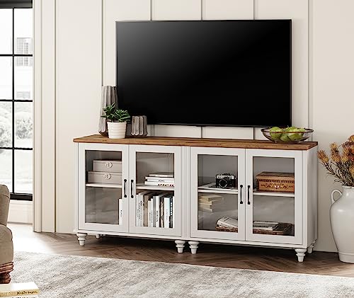 Off White Wood TV Stand with Yellow LED Light and Glass Door X66236