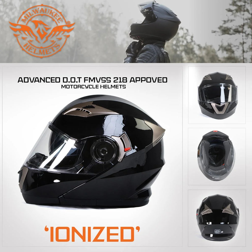 Gloss Black Motorcycle Modular Helmet with Drop Down Visor Medium I193924