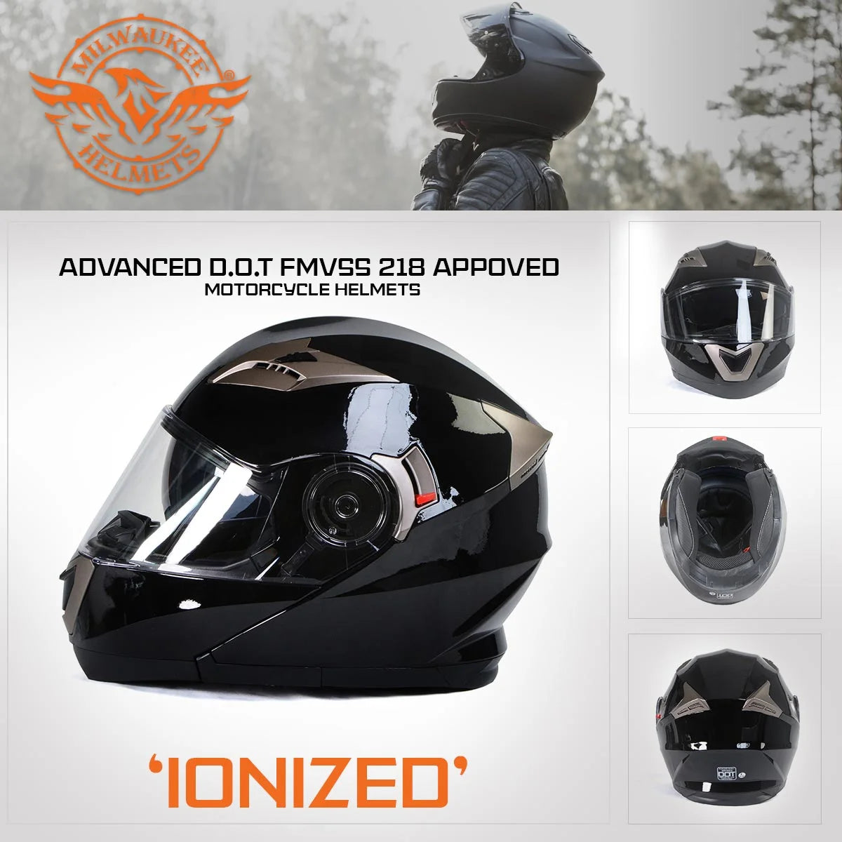 Gloss Black Motorcycle Modular Helmet with Drop Down Visor Medium I193924