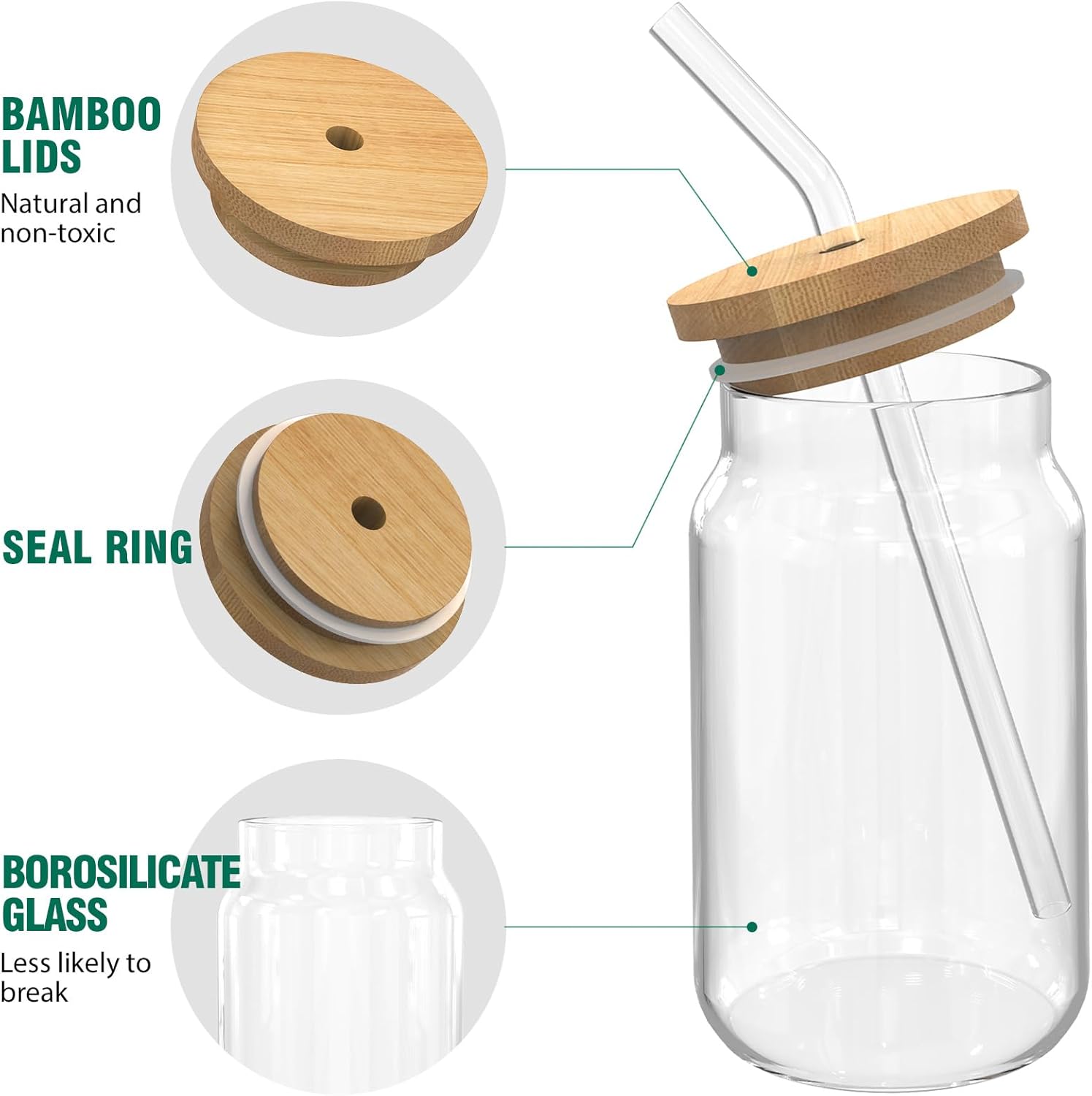 9pcs 16 oz Drinking Glasses with Bamboo Lids and Glass Straw X3799