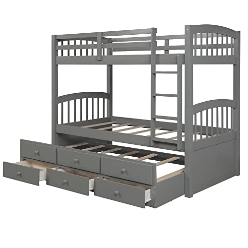 Twin Over Twin Solid Wood Bunk Bed with Storage Drawers and Trundle (Espresso) I26856