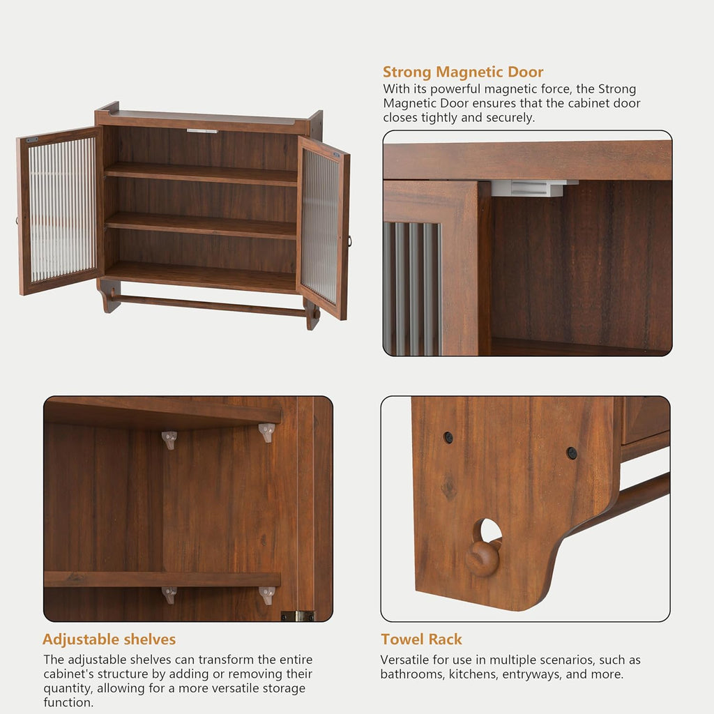 Brown Double Glass Door Wood Wall Cabinet with Detachable Shelves E96558