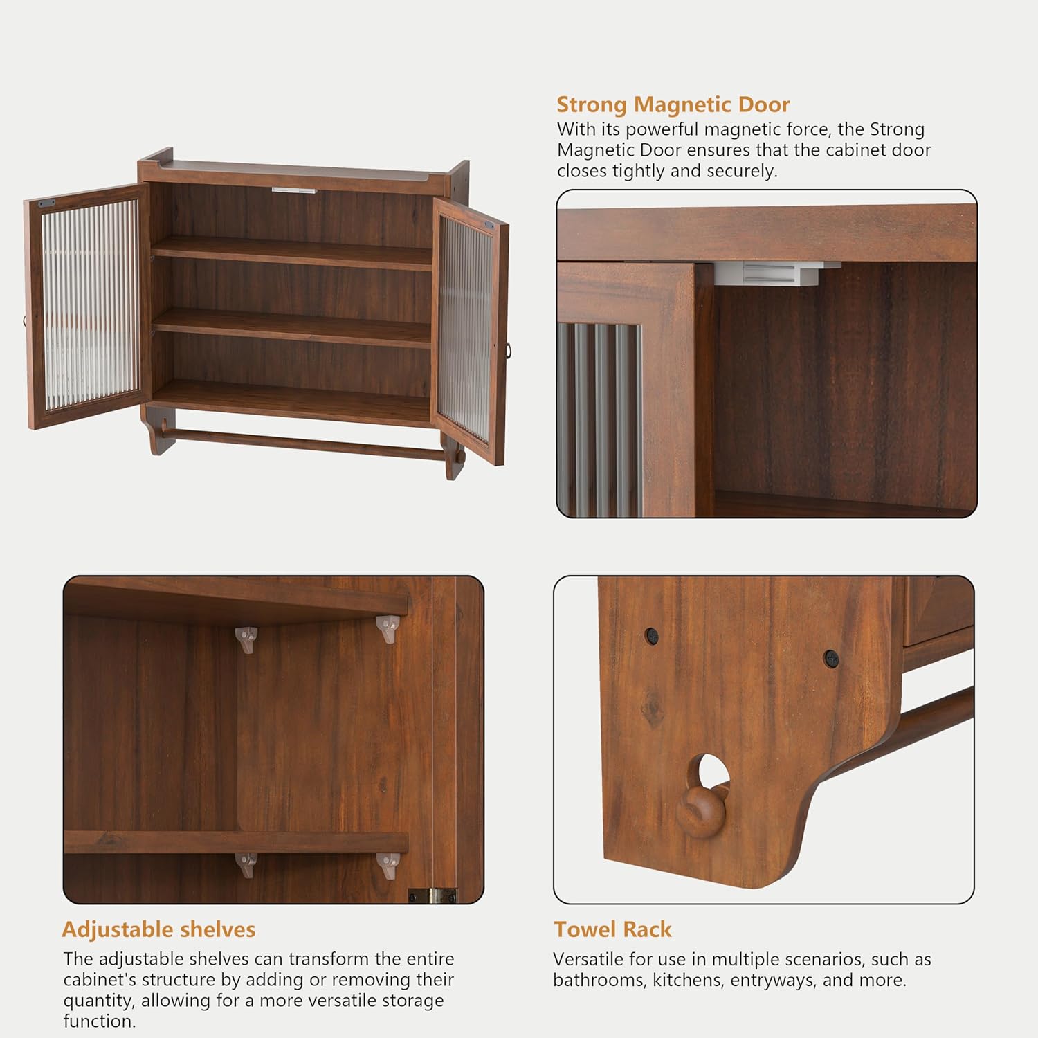 Brown Double Glass Door Wood Wall Cabinet with Detachable Shelves E96558