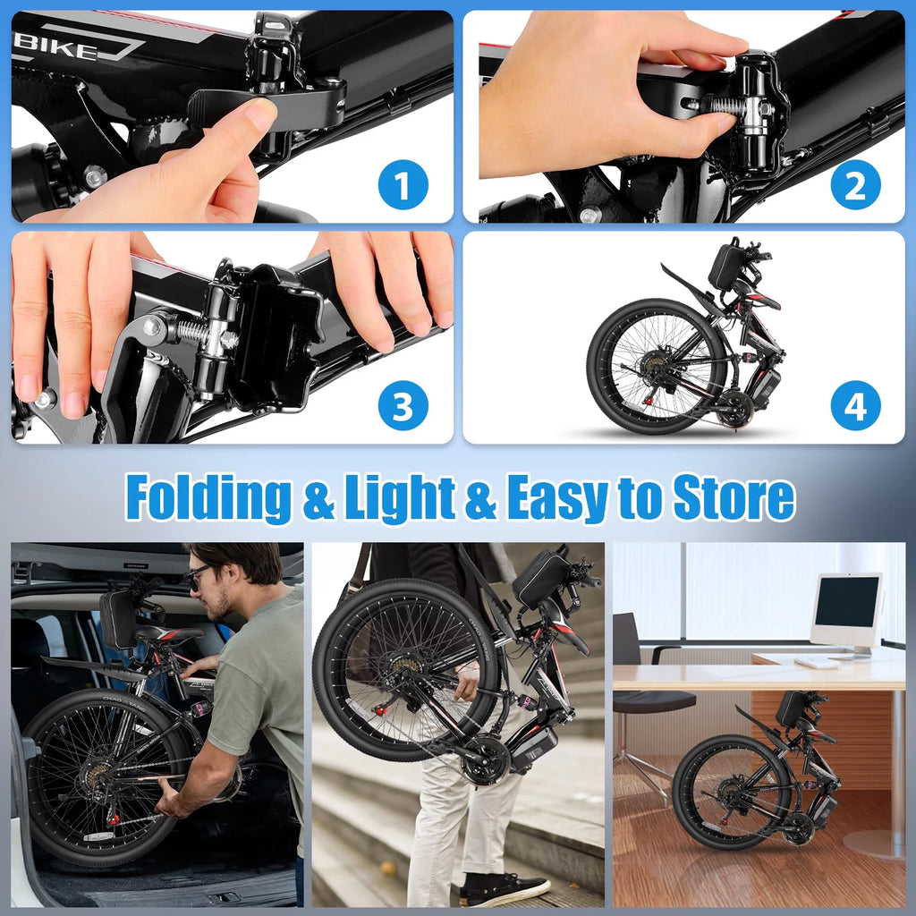500W 26" Electric Folding Mountain Bike with 48V 7.8Ah Battery, 21 Speed, Full Suspension V81526