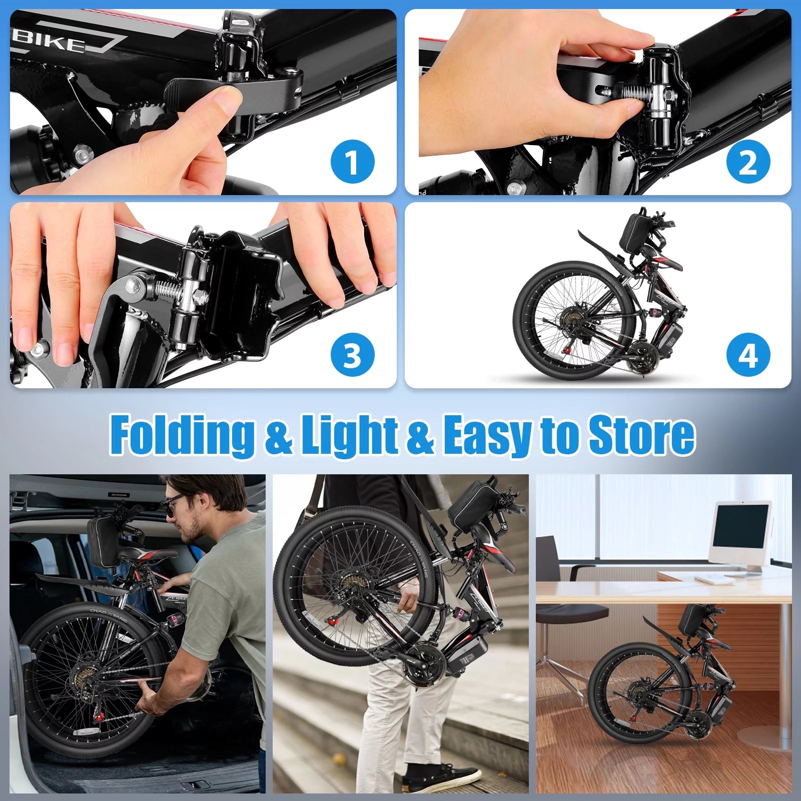 500W 26" Electric Folding Mountain Bike with 48V 7.8Ah Battery, 21 Speed, Full Suspension V81526