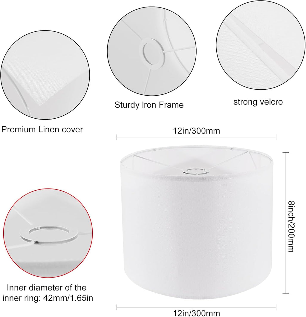 Set of 2 White Fabric Drum Lamp Shades, 12" x 12" x 8" J134