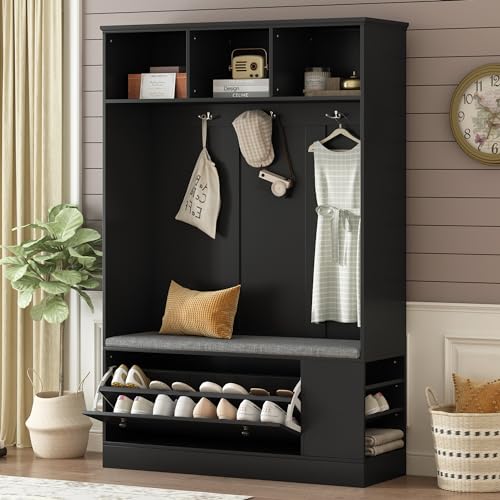 White 39.4 Inch Hall Tree with Storage Bench and 6 Hooks Q785215