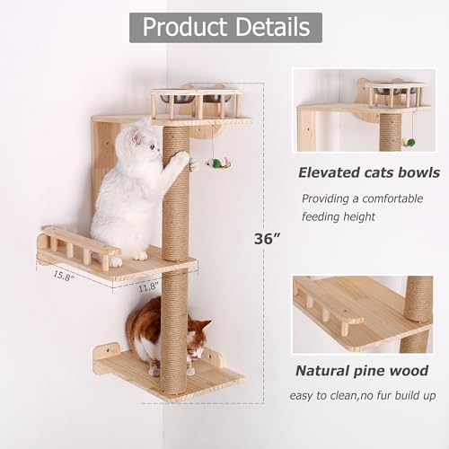 3 Levels 36" Wood Cat Wall Shelf with Feeder P78764