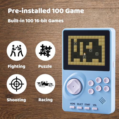 Kids Handheld Video Game Console with 100 16-bit Games, 2.8" Color Screen, Rechargeable Battery (Light Blue) J5932