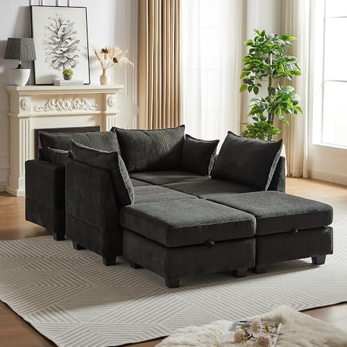 Oversized Modular Storage Sectional Sofa Soft Corduroy Upholstered Deep Seat Convertible Sleeper Couch Bed with 2 Pillows P36530