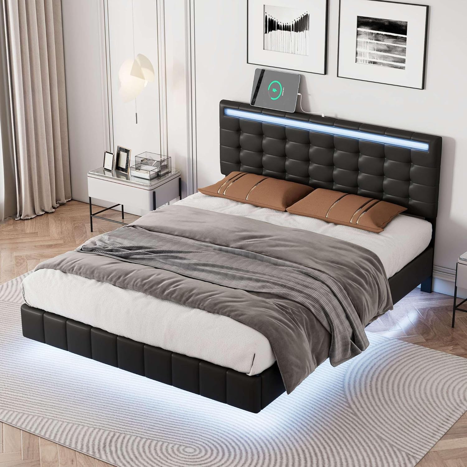 Full Size Floating Bed Frame with LED Lights and USB Charging P237258