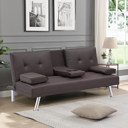 Brown Leather Double Folding Sofa Bed with 2 Cup Holders M5093