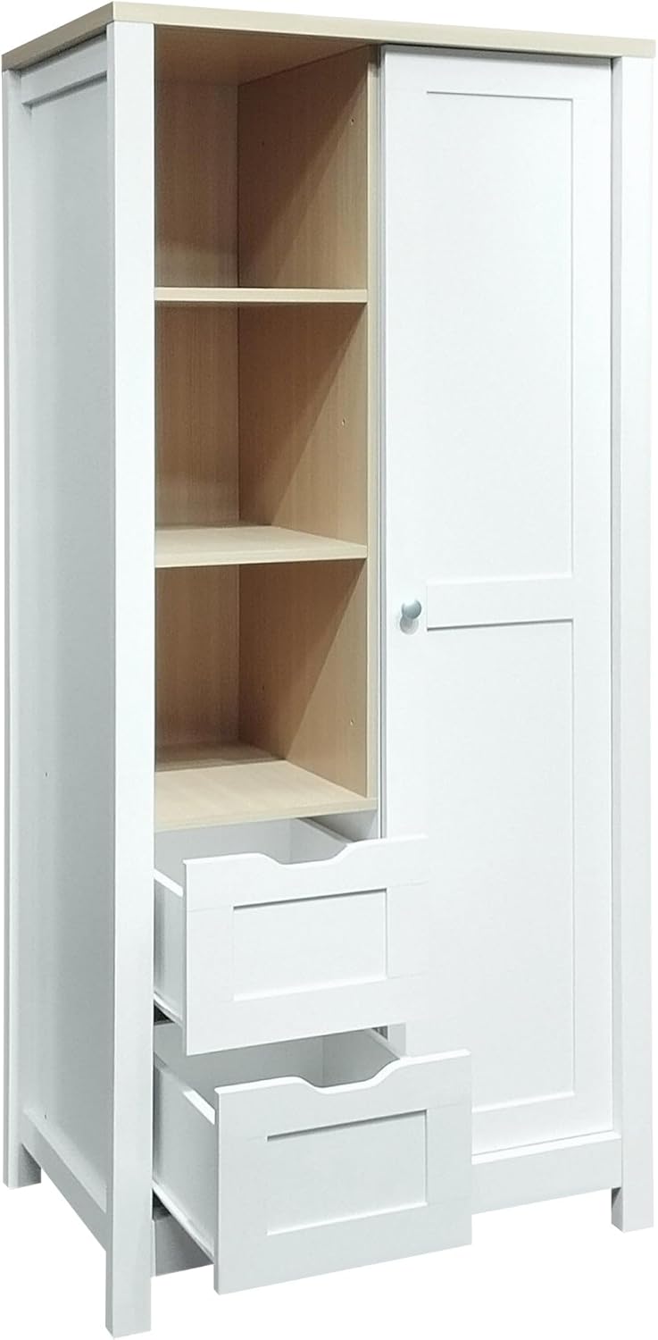 White Freestanding Wooden Wardrobe with 1 Sliding Door and 2 Drawers S1154