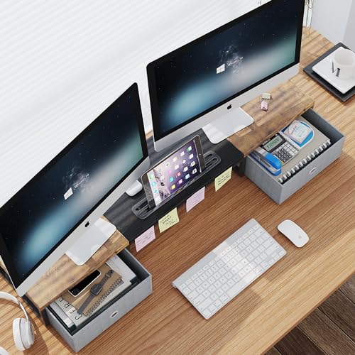 White 39Inch Wooden Dual Monitor Stand Riser with 2 Drawers N14683