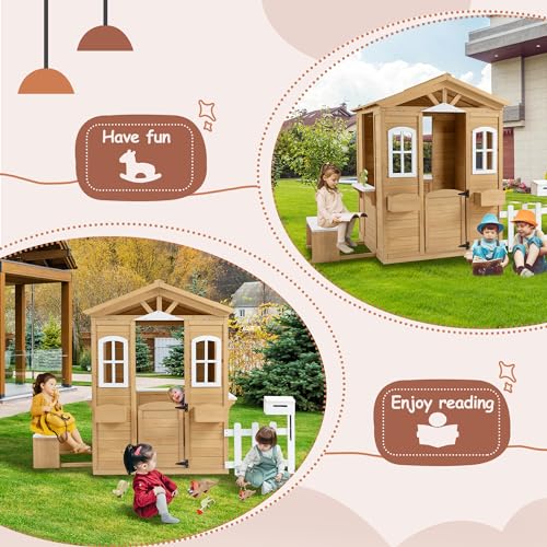 Wooden Playhouse with Window, Mailbox, Picnic Bench, Fenced, 39" x 38" x 55.5" C423489