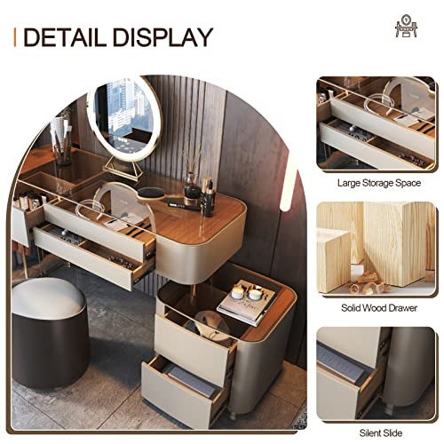 Vanity Desk Mirror and Lights, Dressing Table & Flexible Side Cabinet & Makeup Stool, Wood Frame Leather Finish Glass Top (47in) S691087