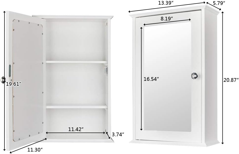 White Wall Mounted Wooden Medicine Cabinet with Single Mirror Door & Adjustable Shelves Y62051