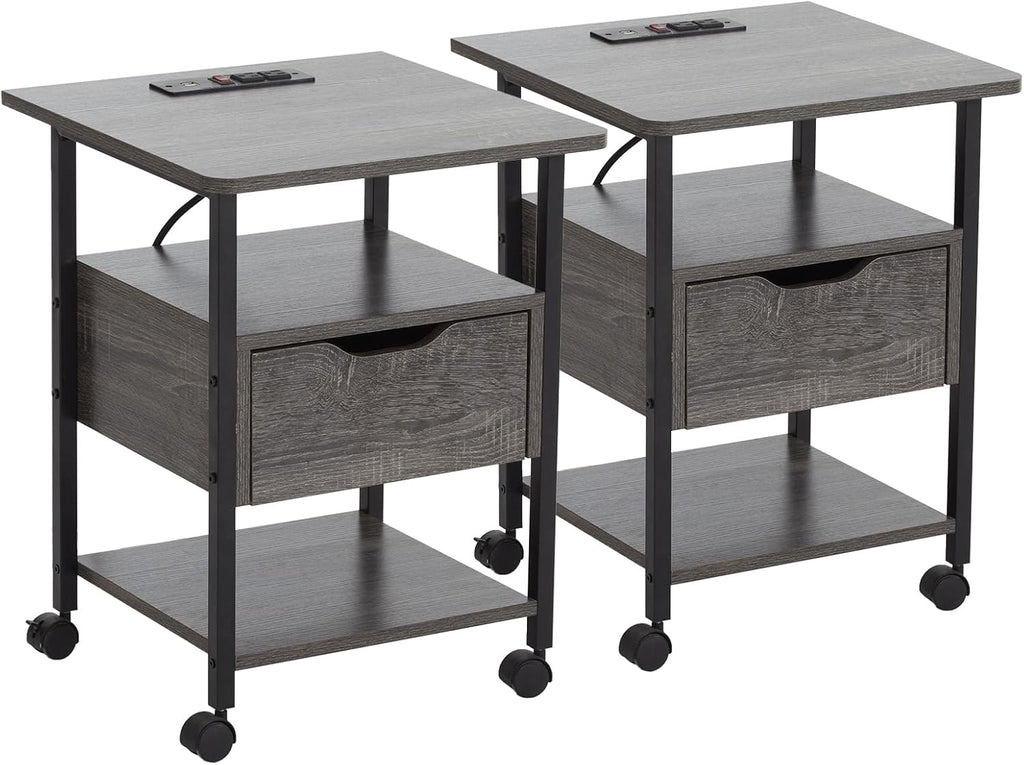 Grey Set of 2 Nightstand with Drawer and Charging Station V509