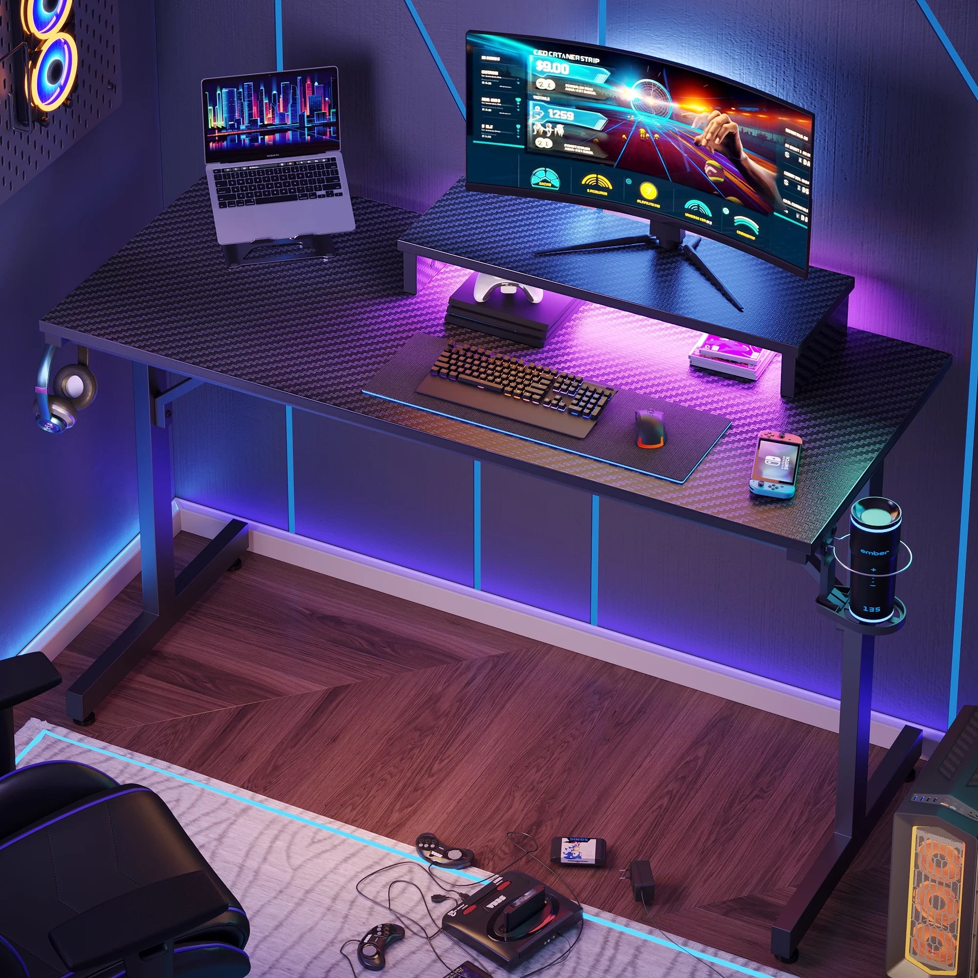 42" Gaming Desk with LED Lights, Monitor Stand, Headphone Hook, Cup Holder in Carbon Fiber Black V548677