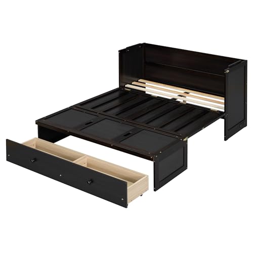 Full Murphy Bed with USB Charging Station and Large Drawer, Wooden Full Size Bed Wall Bed with Storage, Espresso N534511