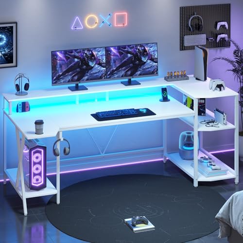 Black Gaming Desk with LED Lights and Storage Shelves E692046
