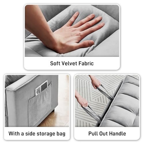 Beige Velvet Convertible Sleeper Sofa Bed with Pullout Bed E3769