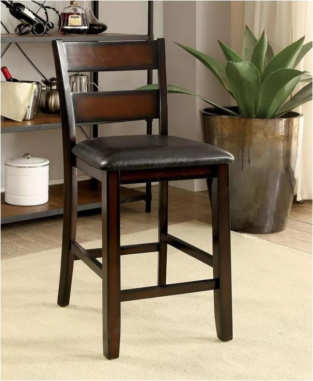 Brown Cherry Wooden Counter Height Dining Table with 4 High Chairs and Shelves P73375