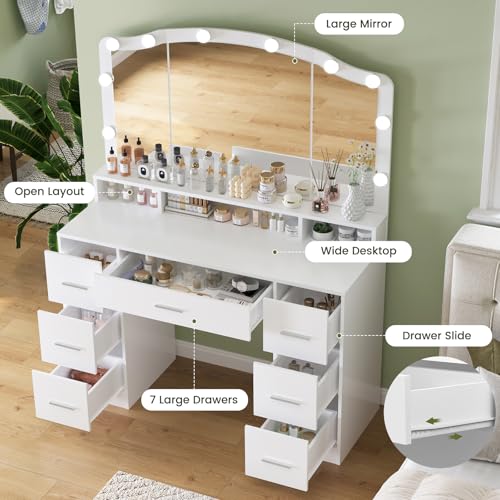 White 43.3" Vanity Desk with Lighted Mirror and 7 Drawers J9360