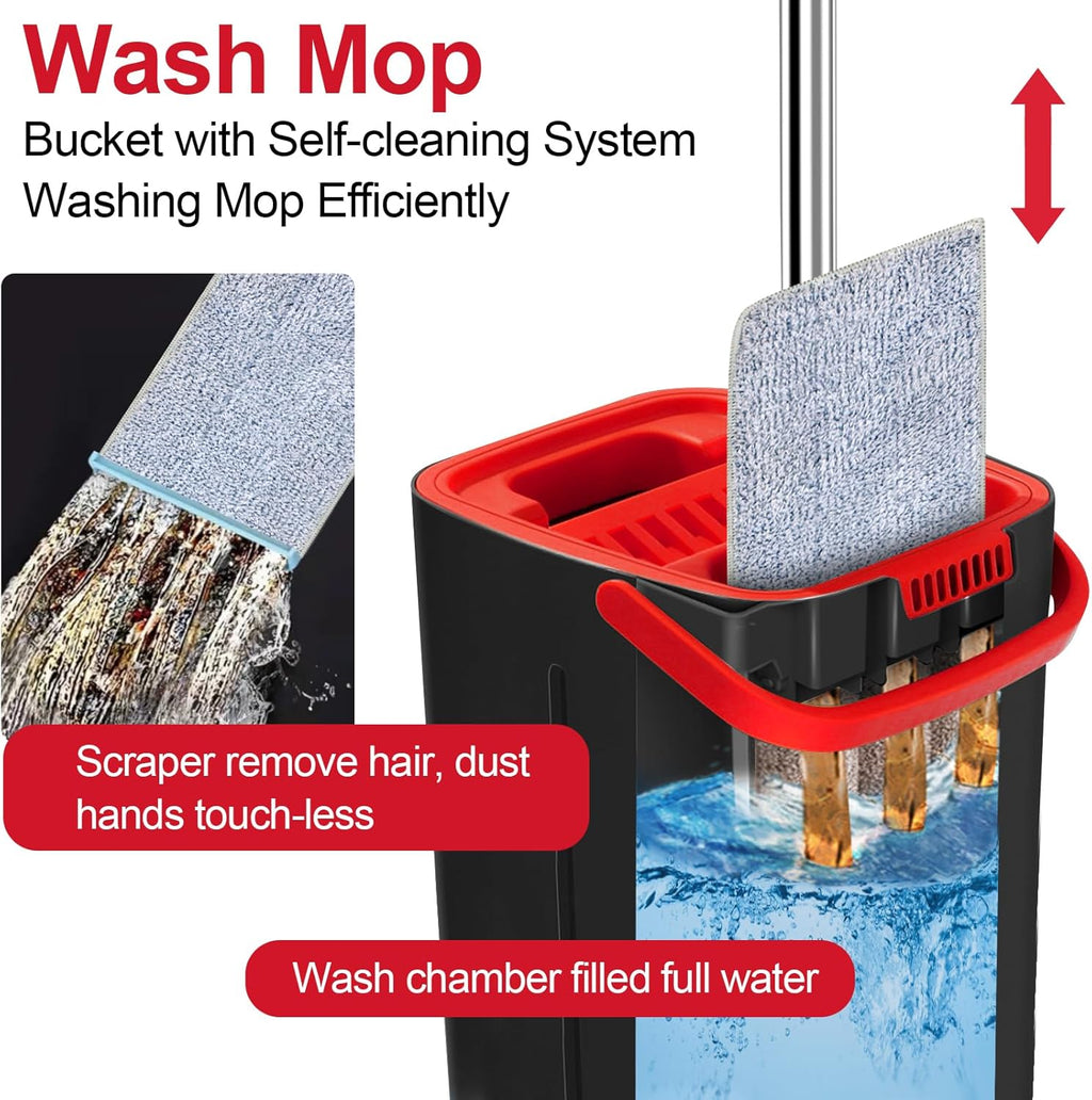Mop and Bucket with Wringer Set, Stainless-Steel Handle, 3 Washable Microfiber Pads A8820