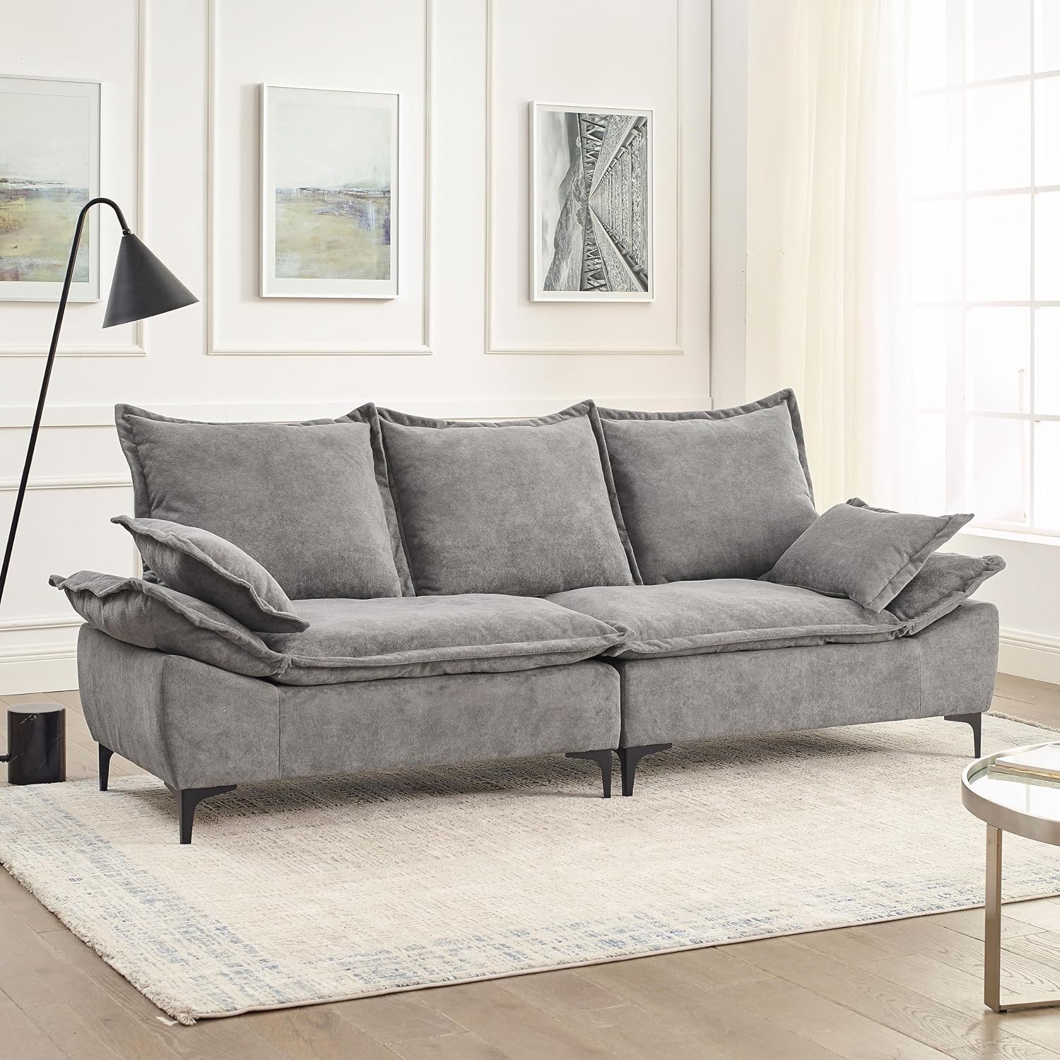 Grey Dutch Velvet 3-Seater Sofa with 2 Pillows Z13896