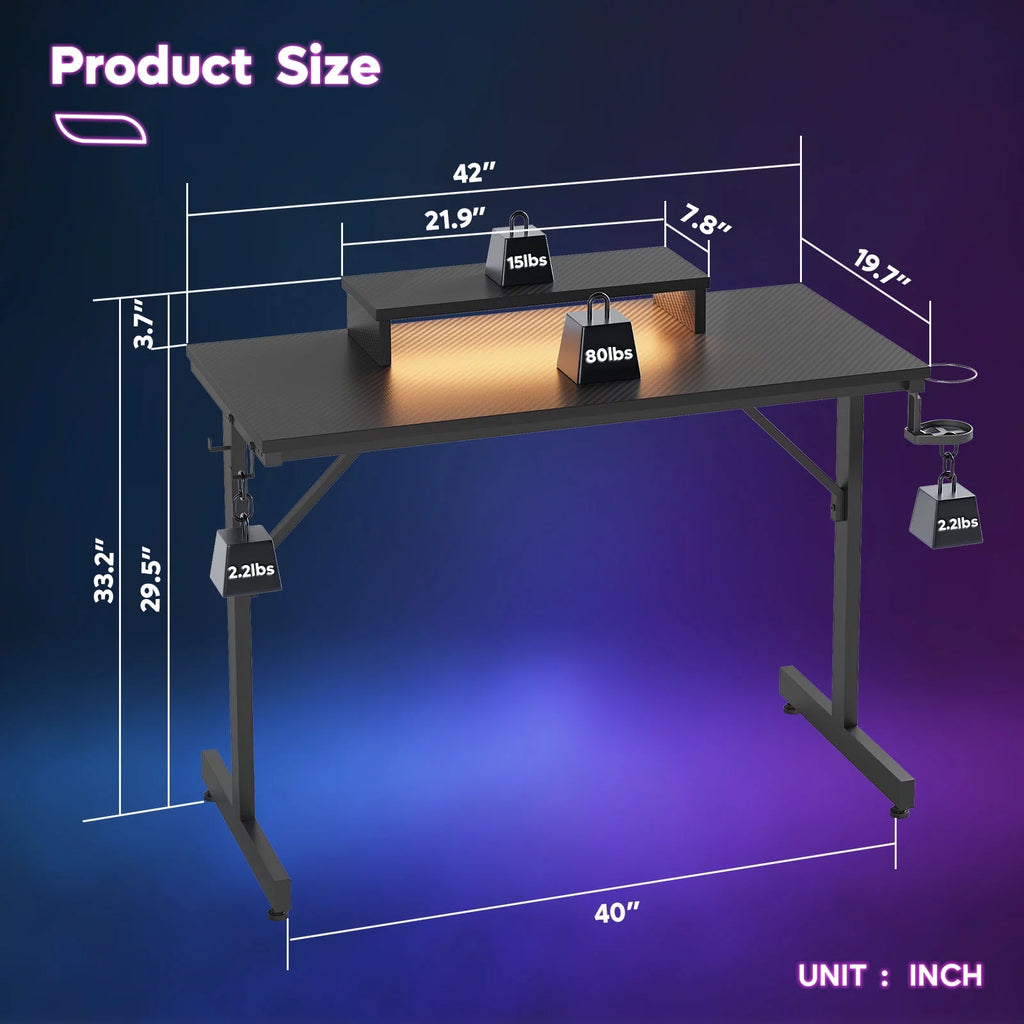 42" Gaming Desk with LED Lights, Monitor Stand, Headphone Hook, Cup Holder in Carbon Fiber Black V548677