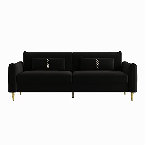 85 in 3-Seat Velvet Couch with Solid Wood Frame, 2 Pillows, Gold Legs Q25644