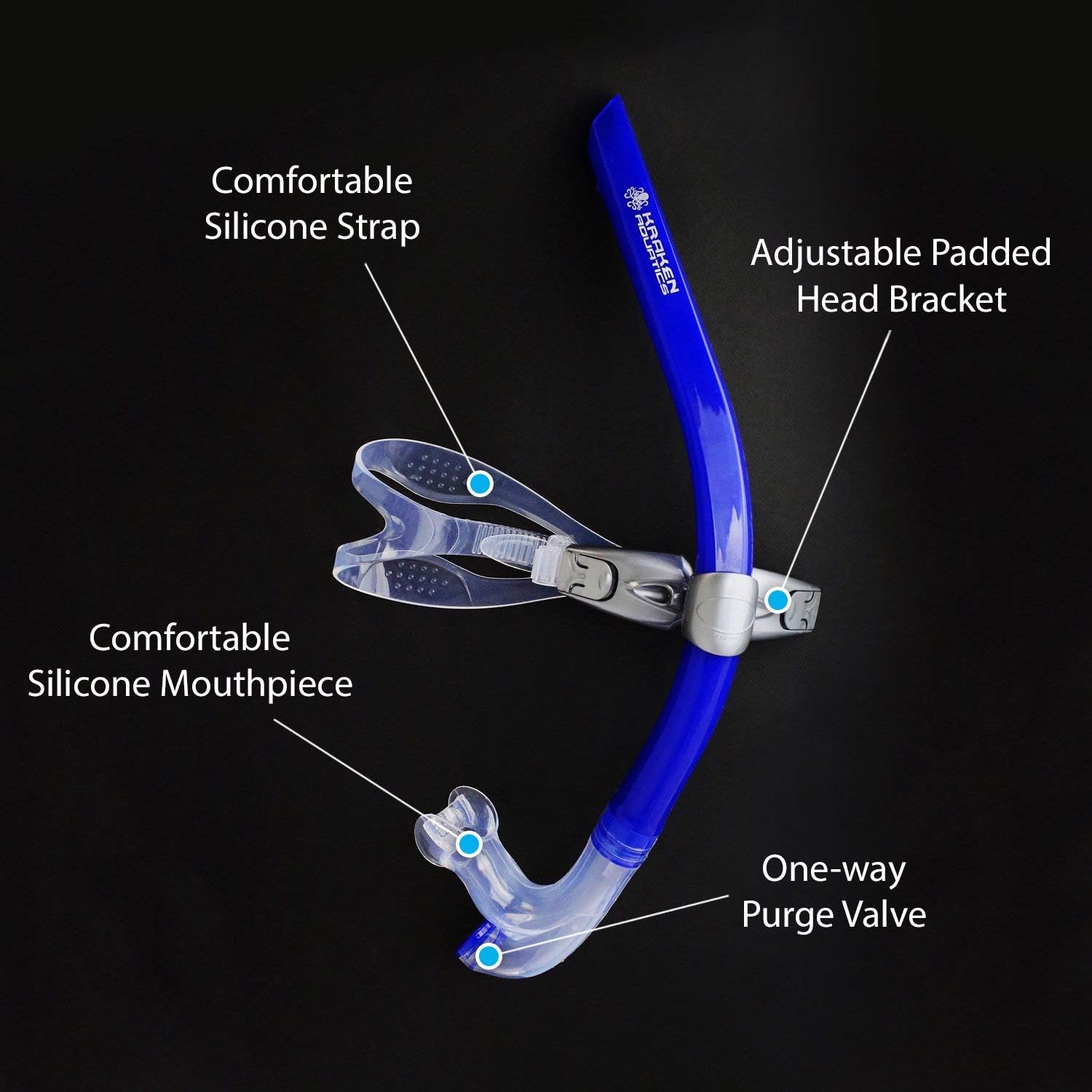 Blue Center Mount Snorkel with Silicone Mouthpiece and One-Way Purge Valve I3419