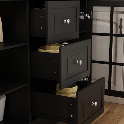 White Freestanding Wood Kitchen Pantry with Glass Doors, Drawers and Adjustable Shelves Q2805