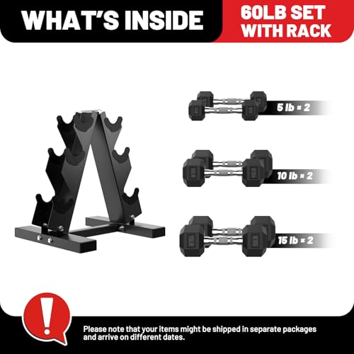 60-550lb Rubber Coated Hex Dumbbell Set with Rack Y455694