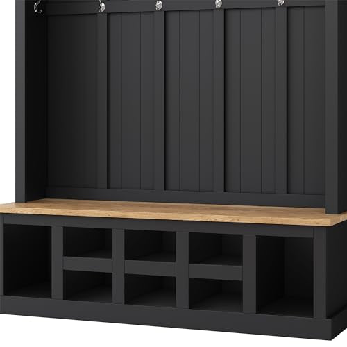 Black Wide Entryway Hall Tree with Storage Bench and 6 Hooks E239481