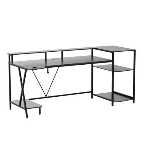 Black Gaming Desk with LED Lights and Storage Shelves E692046