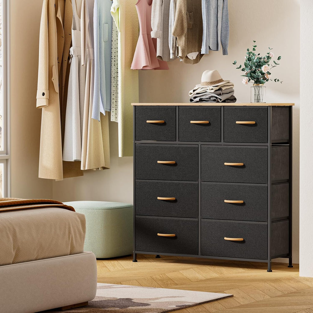 Black 9 Drawer Dresser with Steel Frame and Wood Top Q72060