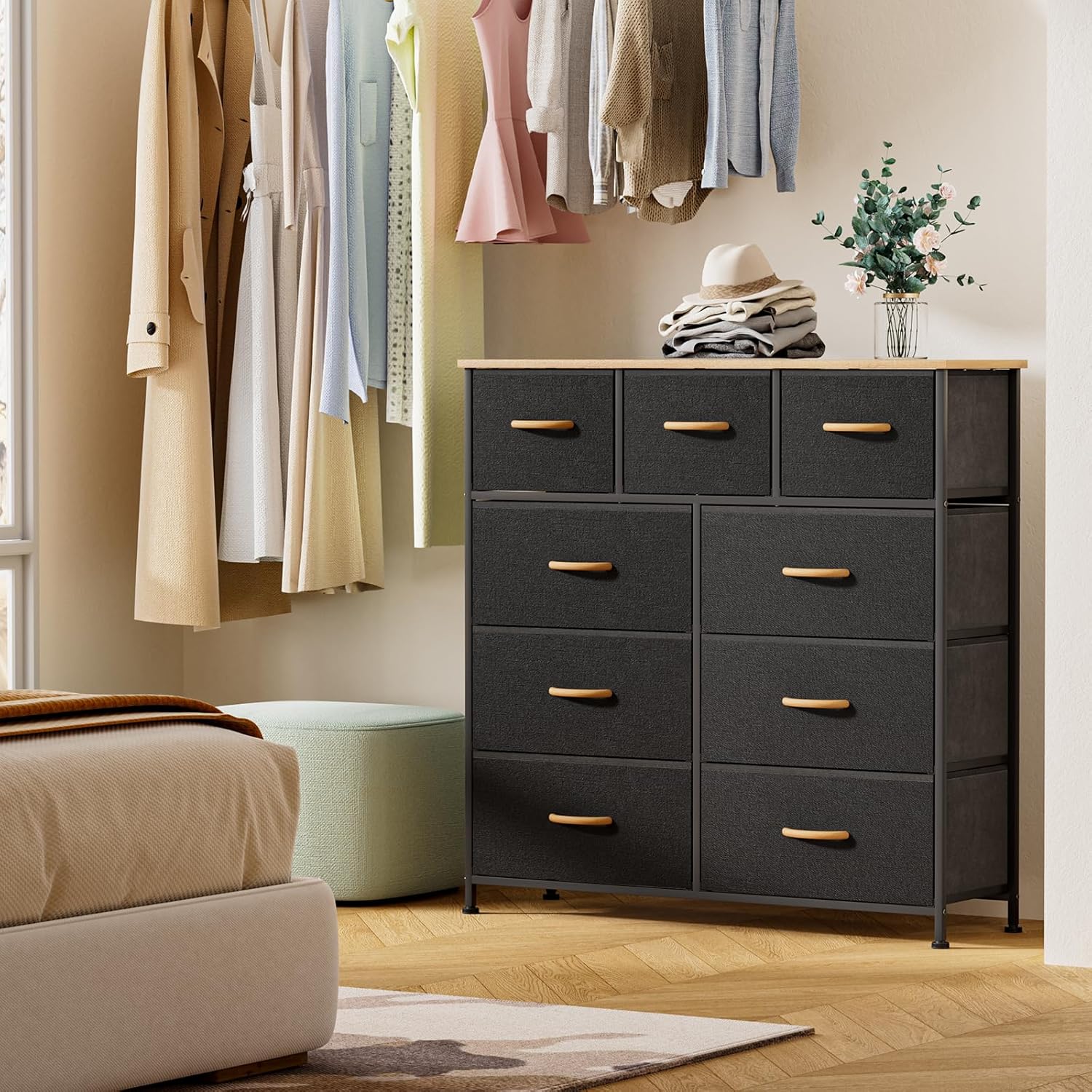 Black 9 Drawer Dresser with Steel Frame and Wood Top Q72060
