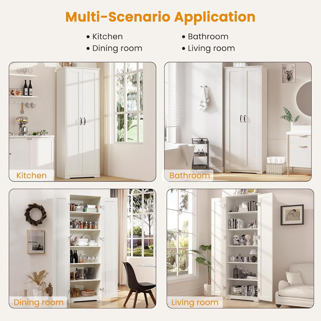 White Tall Storage Pantry Cabinet with 2 Doors and 6 Adjustable Shelves W154534