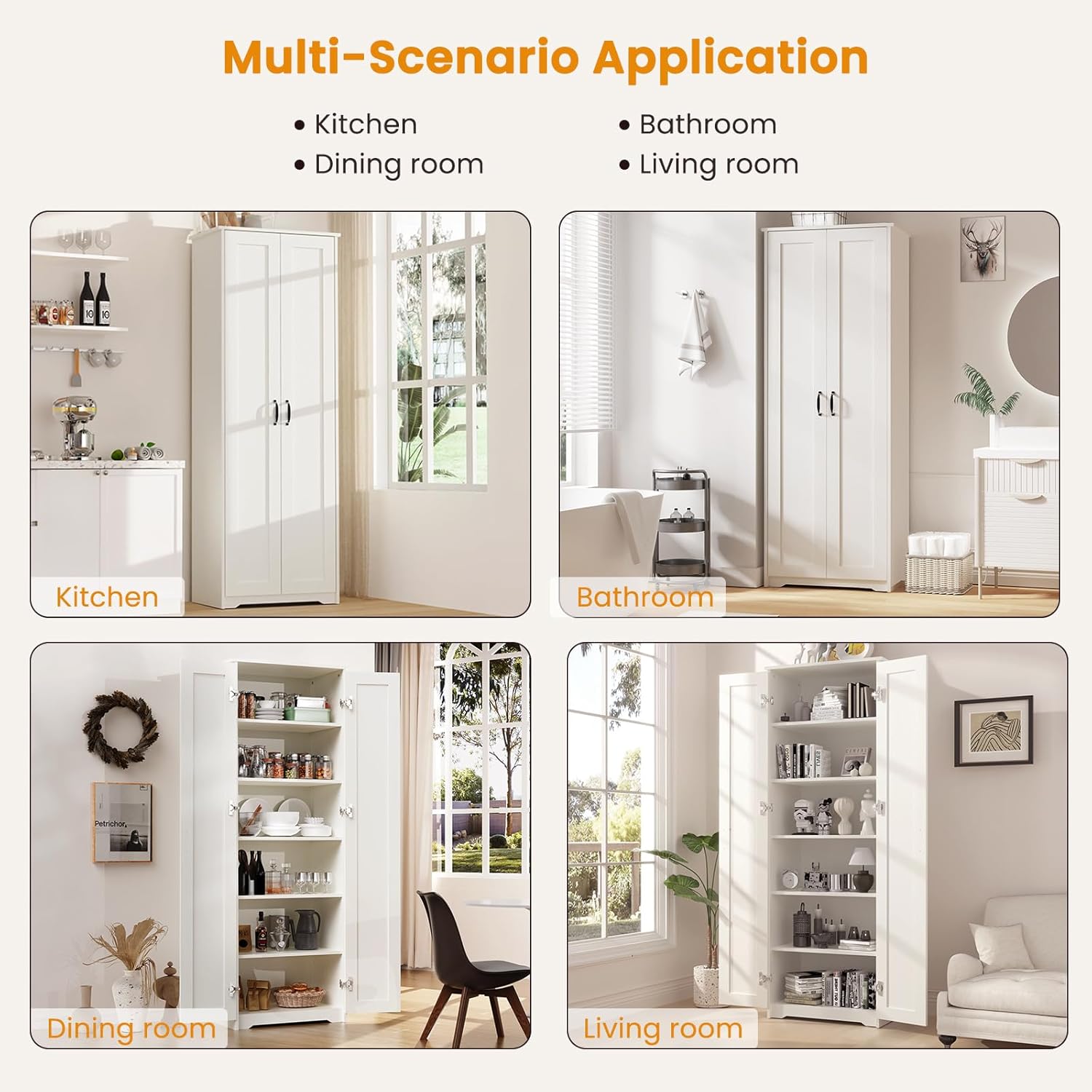 White Tall Storage Pantry Cabinet with 2 Doors and 6 Adjustable Shelves W154534