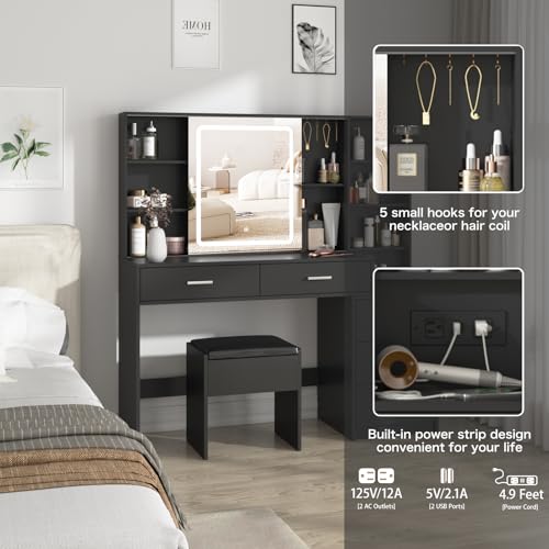 White Vanity Desk with Mirror and Lights 5 Drawers with Chair Y602