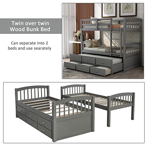 Twin Over Twin Solid Wood Bunk Bed with Storage Drawers and Trundle (Espresso) I26856