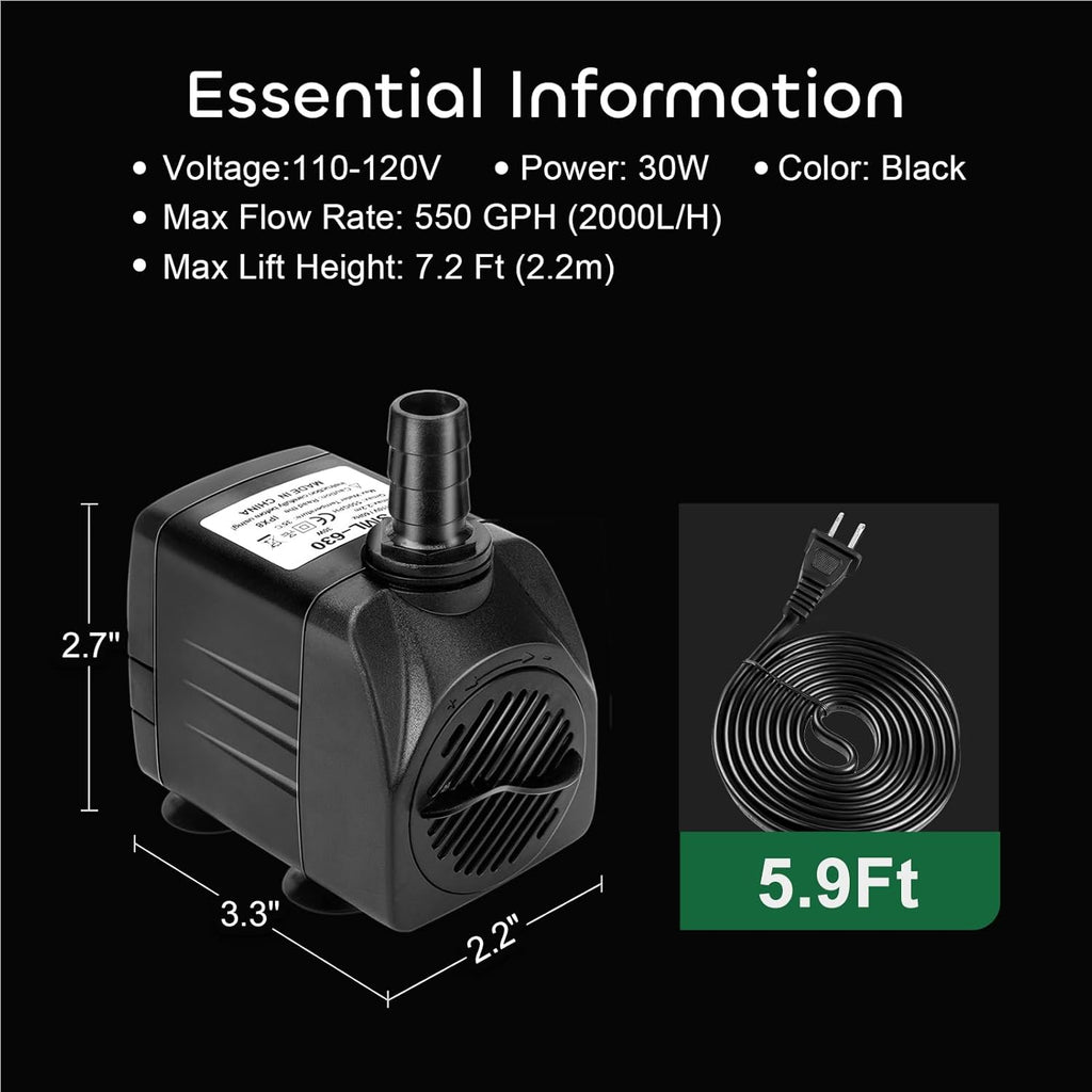 550GPH Submersible Pump with 3 Nozzles Black Q1782
