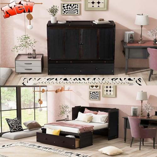Full Murphy Bed with USB Charging Station and Large Drawer, Wooden Full Size Bed Wall Bed with Storage, Espresso N534511