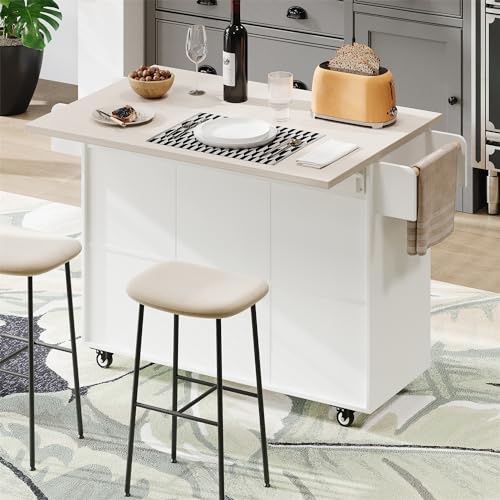 Brown Rolling Kitchen Island with Drop Leaf and 2 Drawers W33654