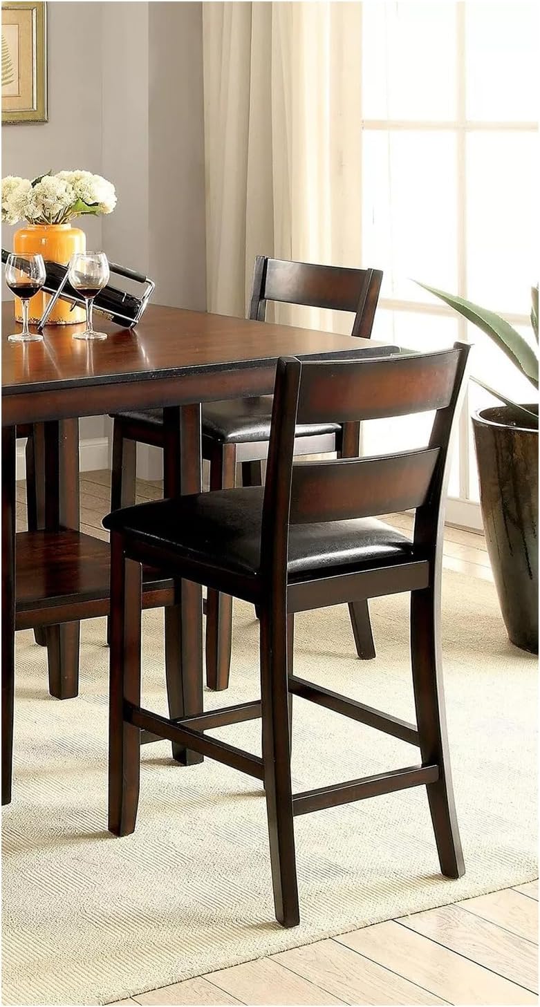 Brown Cherry Wooden Counter Height Dining Table with 4 High Chairs and Shelves P73375
